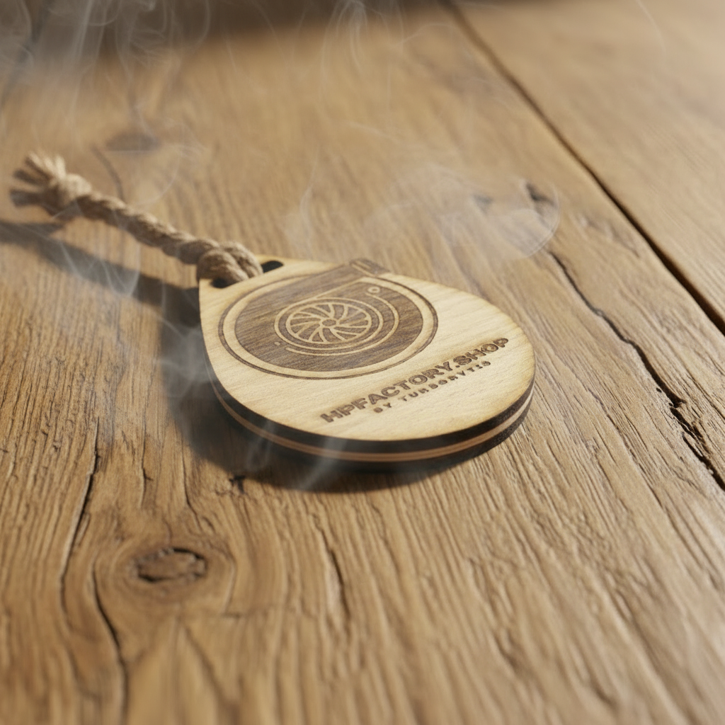 Wooden keychain with laser engraving on a gray background