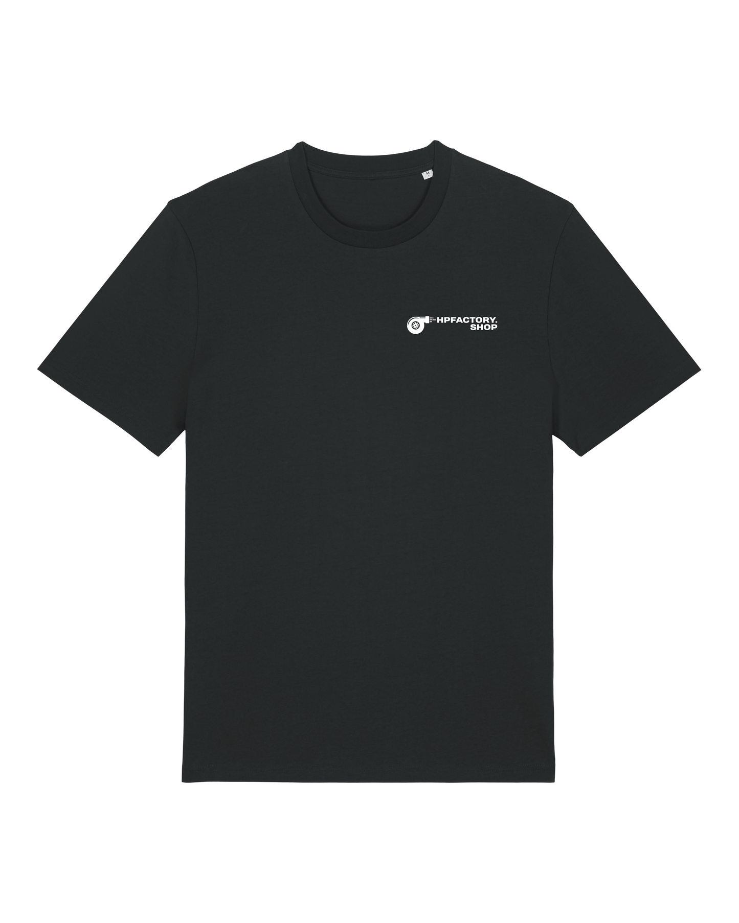 Black t-shirt with a small white logo on a white background