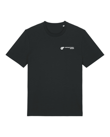 Black t-shirt with a small white logo on a white background