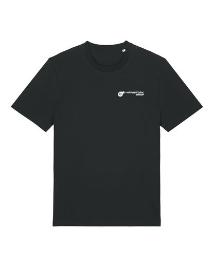 Black t-shirt with a small white logo on a white background